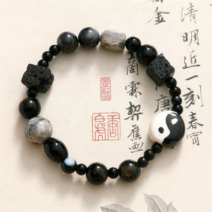 Pulsera de protección de la fortuna Yin Yang con cuentas de jaspe Picasso de ónix negro y Buddha Stones