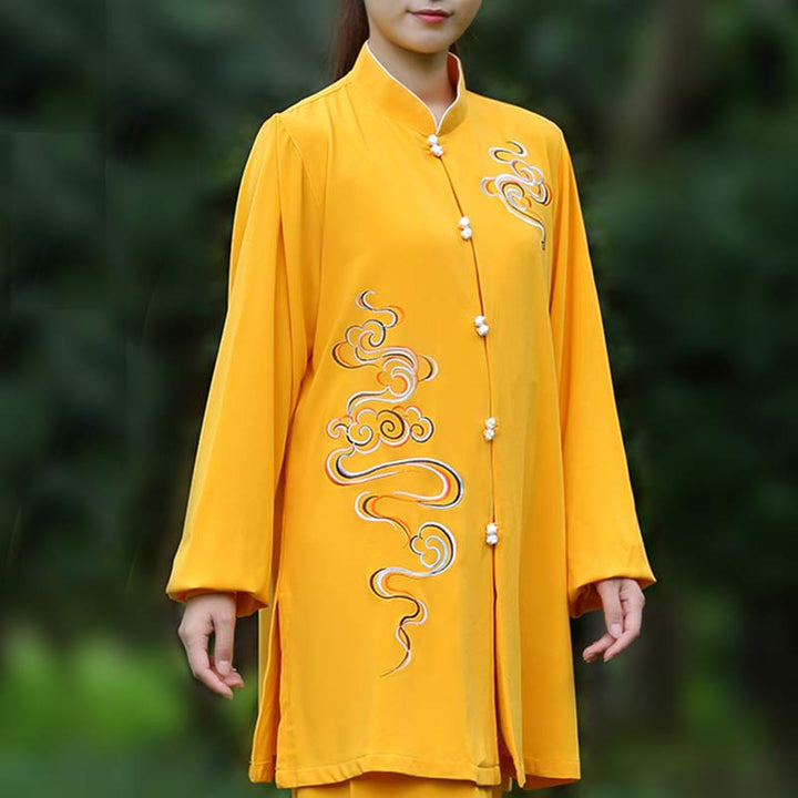 Conjunto de ropa unisex para práctica de meditación, tai chi, qigong, bordada, con nubes auspiciosas y Buddha Stones