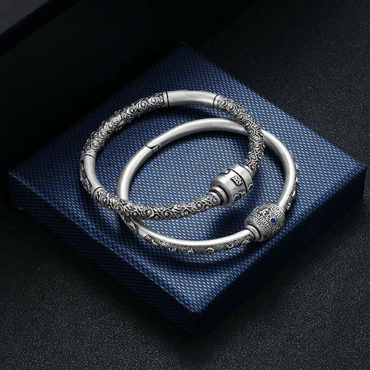 Pulsera de creatividad grabada con Buddha Stones de plata de ley 990, nubes auspiciosas tibetanas, Om Mani Padme Hum