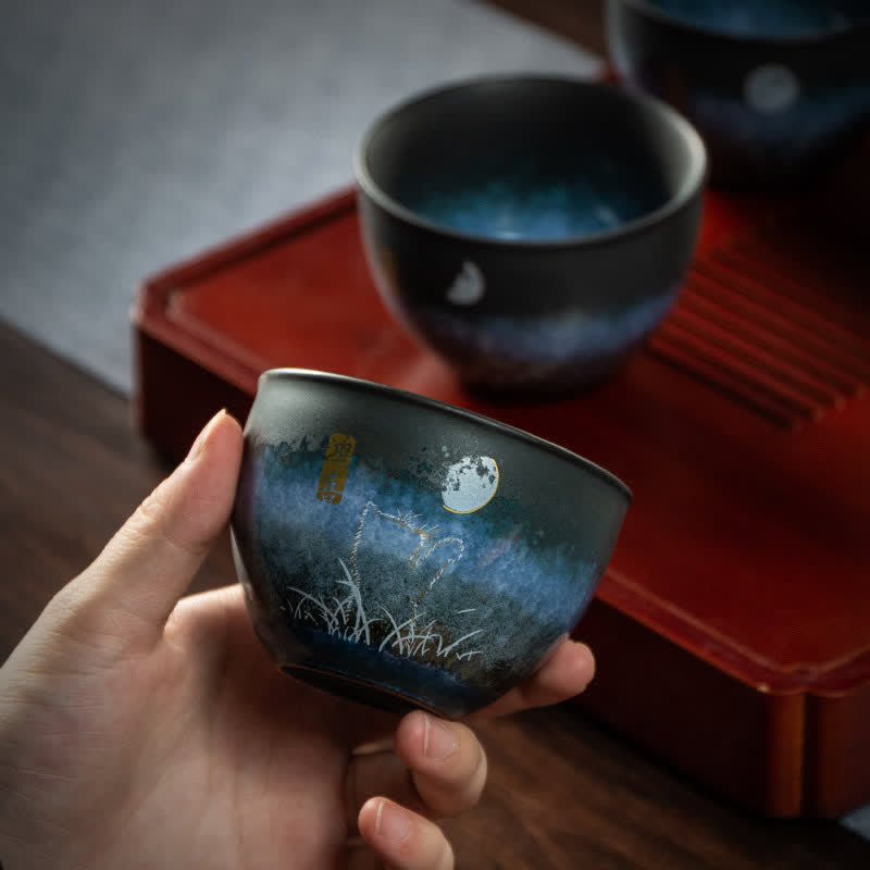 Taza de té de cerámica con Buddha Stones, tazas de té negras con gato encantador, 140ml