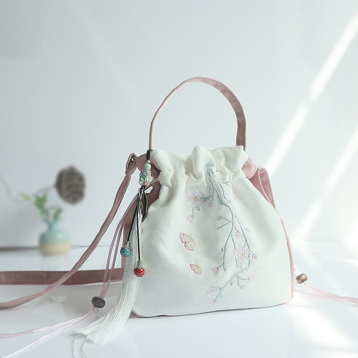 Bolso de hombro de lona con flores bordadas hechas a mano con Buddha Stones - Flor de cerezo rosa y blanca 20*20cm - image 23