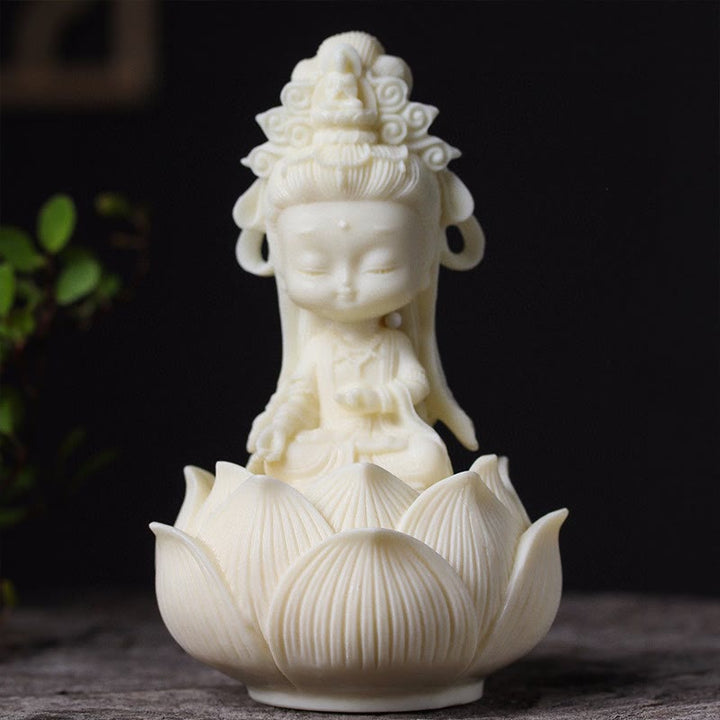 Buddha Stones Mini fruta de marfil Kwan Yin Avalokitesvara Lotus riqueza decoración de escritorio