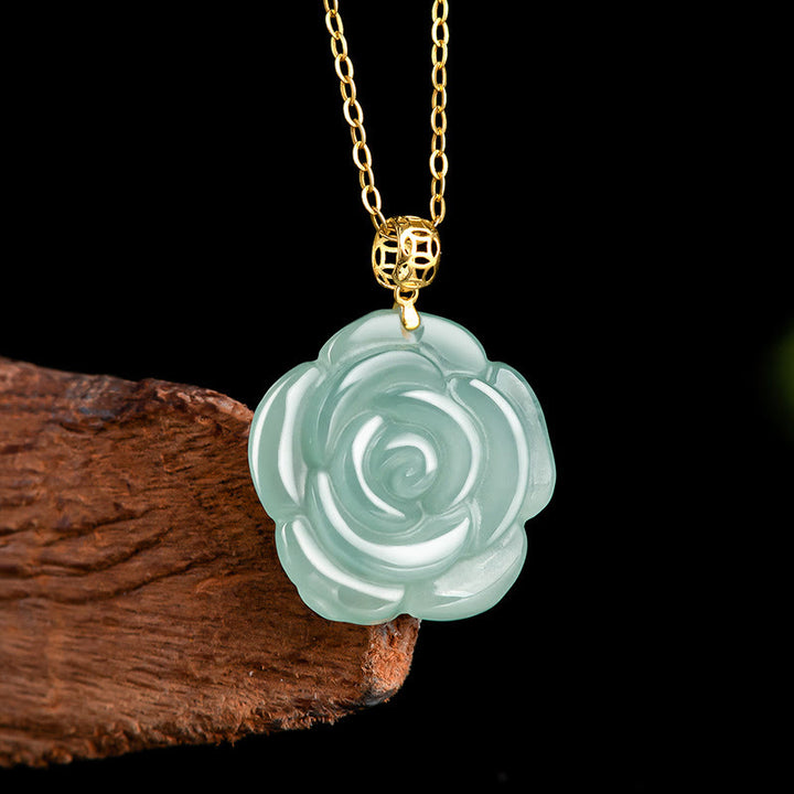 Colgante de collar de la suerte de rosa de jade natural de plata de ley 925 de oro de 18 Buddha Stones