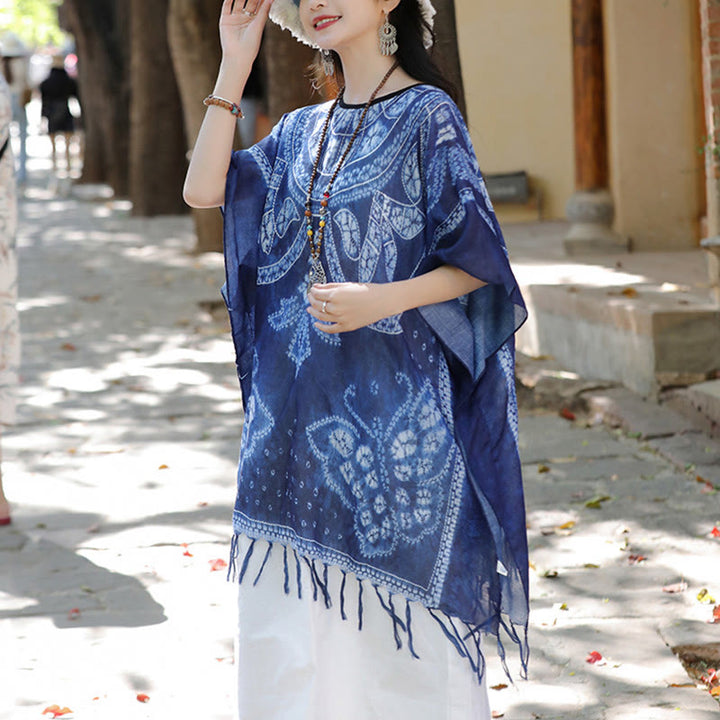 Jersey de viaje acogedor con borlas y chal teñido añil de mariposa azul con Buddha Stones 90*95cm