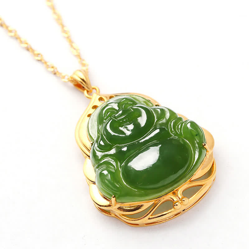 Colgante de cadena de collar curativo de oro de 18 quilates de Buda sonriente de jade cian hetiano natural de plata de ley 925 - image 10