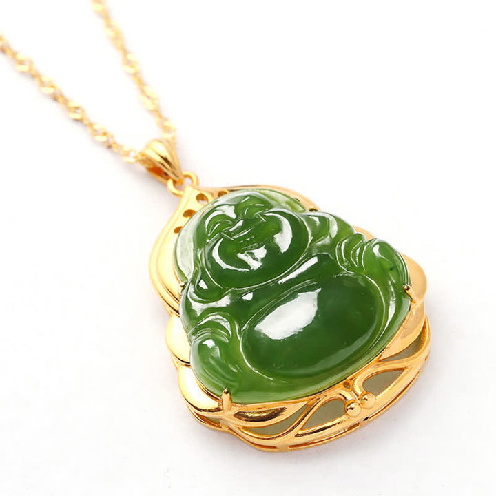 Colgante de cadena de collar curativo de oro de 18 quilates de Buda sonriente de jade cian hetiano natural de plata de ley 925 - image 10