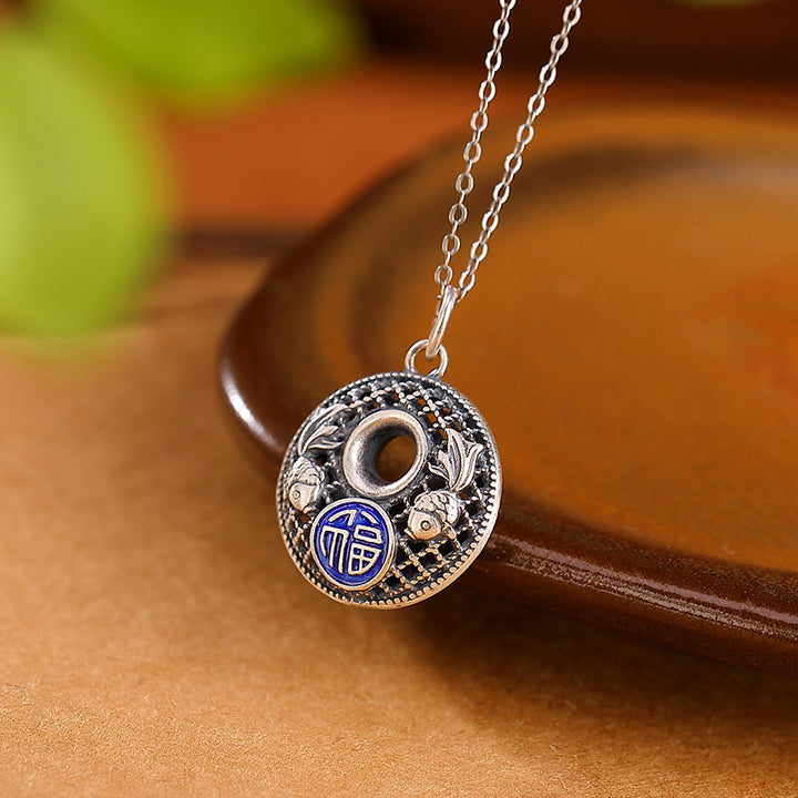 Collar con colgante de plata de ley 999 con Buddha Stones , diseño de pez Koi Fu con hebilla de loto y paz