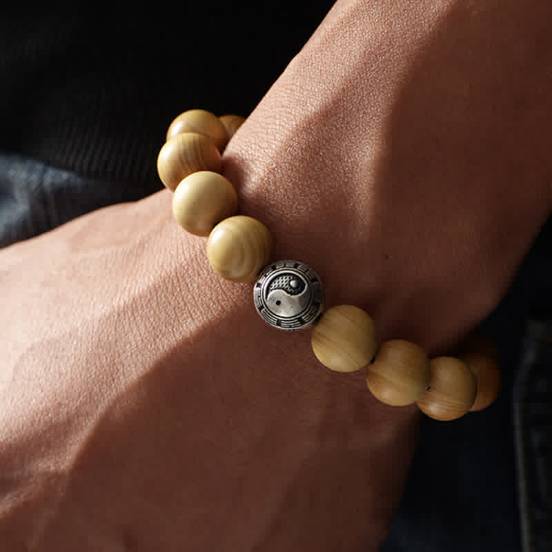 Pulsera de la riqueza de la suerte del Tíbet, madera de melocotón, loto, cinabrio, Bagua, Yin Yang