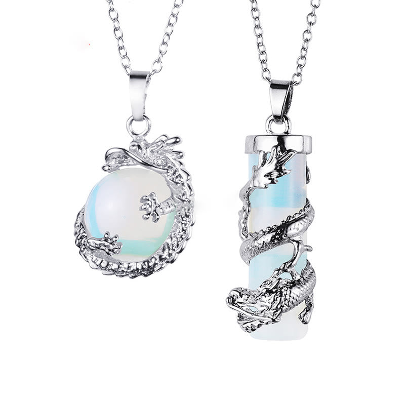 Buddha Stones 2 piezas dragón envuelto bola redonda piedra preciosa pareja collar colgante