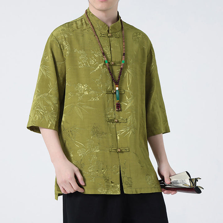 Camiseta china de media manga con botones de rana y hojas de bambú, flor de melocotón, Buddha Stones , camiseta para hombre