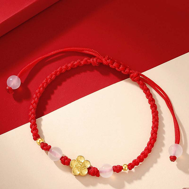 Pulsera de cuerda roja de la suerte con cuentas de calcedonia, cereza, flor de melocotón, Plata de Ley 925 hecha a mano con Buddha Stones