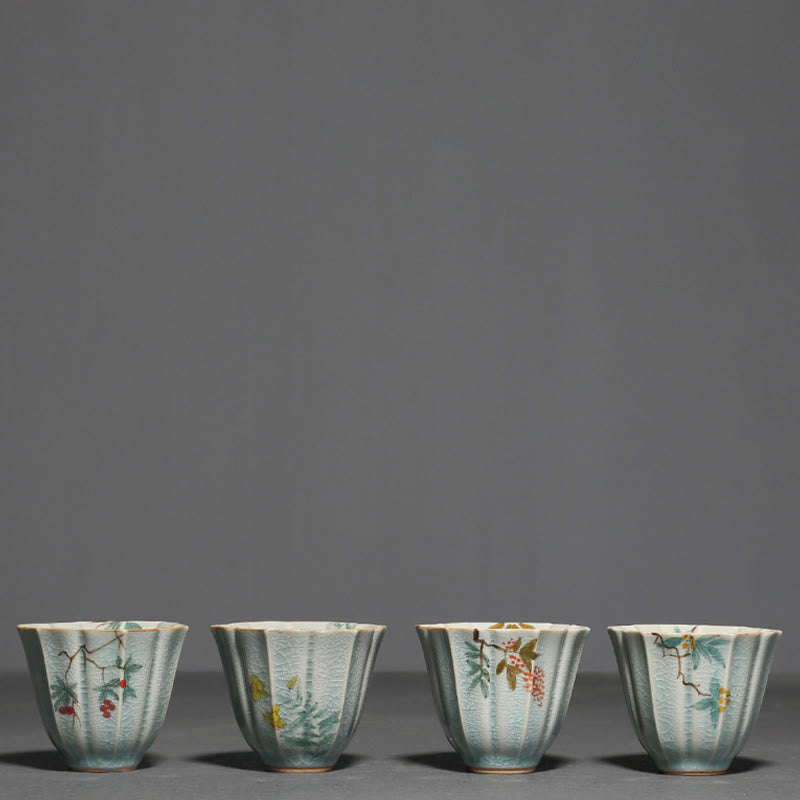 Taza de té de cerámica de Kung Fu con Buddha Stones , níspero, cornejo, espino, gloria de la mañana