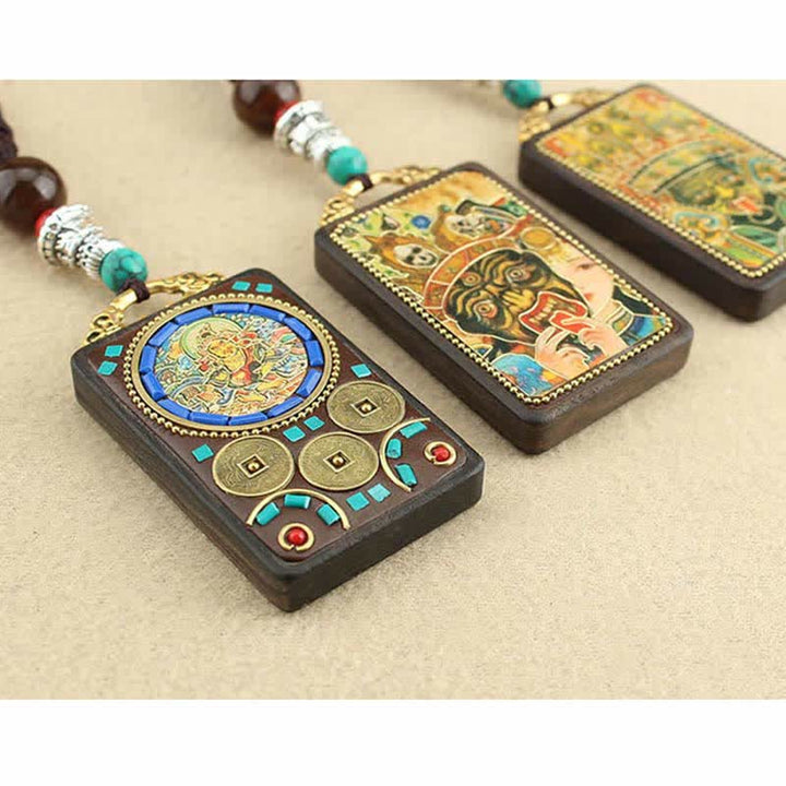 Colgante de collar de paz de ébano Thangka, dios de la riqueza del Tíbet, Buddha Stones