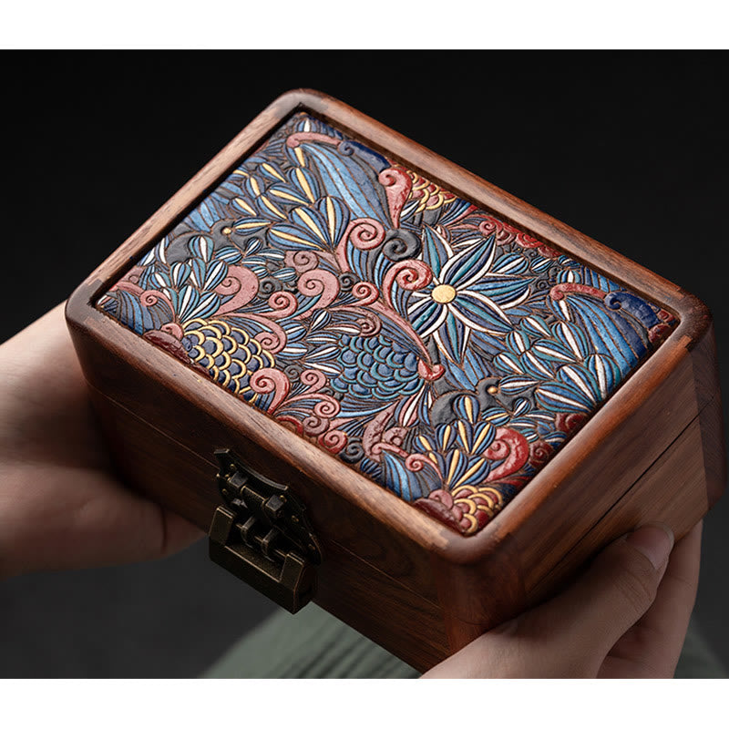 Caja de almacenamiento de joyería de palisandro con estampado floral hecha a mano retro, caja organizadora de regalo de madera con cerradura