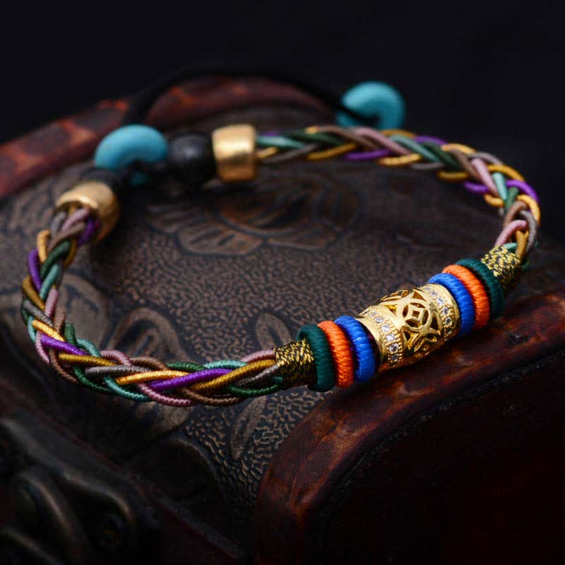 Pulsera de cuerda tejida con moneda de cobre hecha a mano con nudo de ocho hilos, Buddha Stones tibetanas - image 1