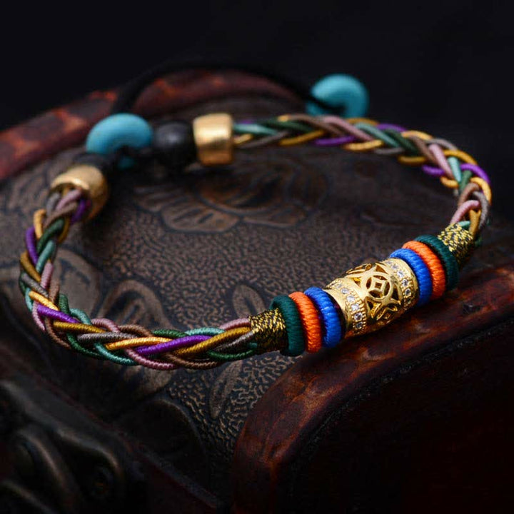 Pulsera de cuerda tejida con moneda de cobre hecha a mano con nudo de ocho hilos, Buddha Stones tibetanas - image 1