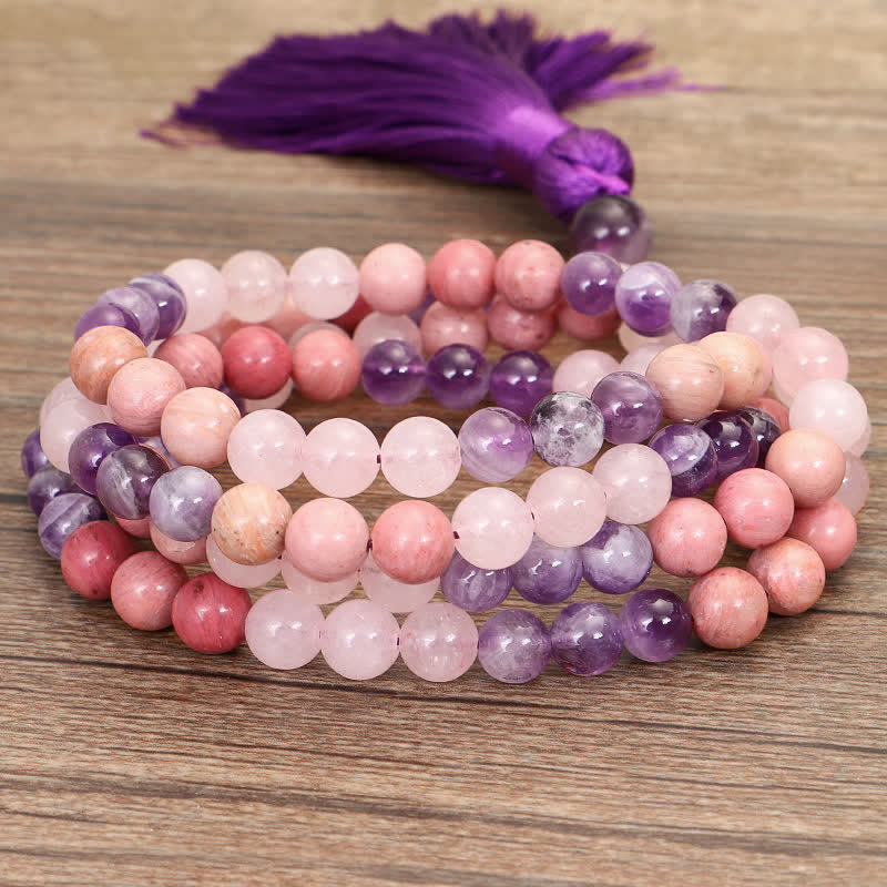 Pulsera de borlas curativas espirituales con Buddha Stones, 108 cuentas Mala, amatista, cuarzo rosa