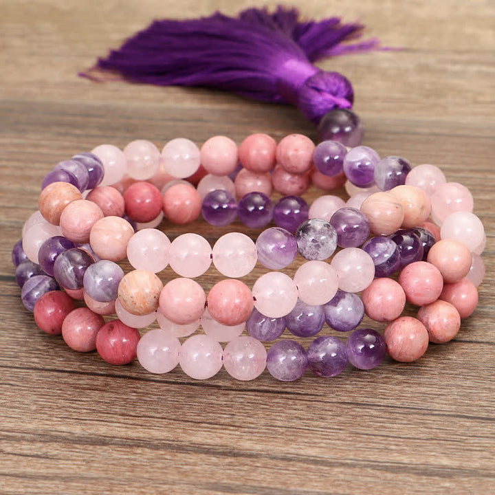 Pulsera de borlas curativas espirituales con Buddha Stones, 108 cuentas Mala, amatista, cuarzo rosa
