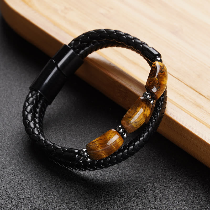 Pulsera de cuero con hebilla magnética y protección de ojo de tigre natural con Buddha Stones