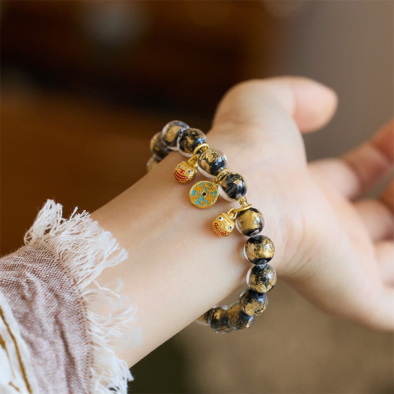 Buddha Stones, bestia tragadora de oro, moneda de cobre, amuleto de buena suerte, pulsera de fortuna con cuentas de vidrio Liuli