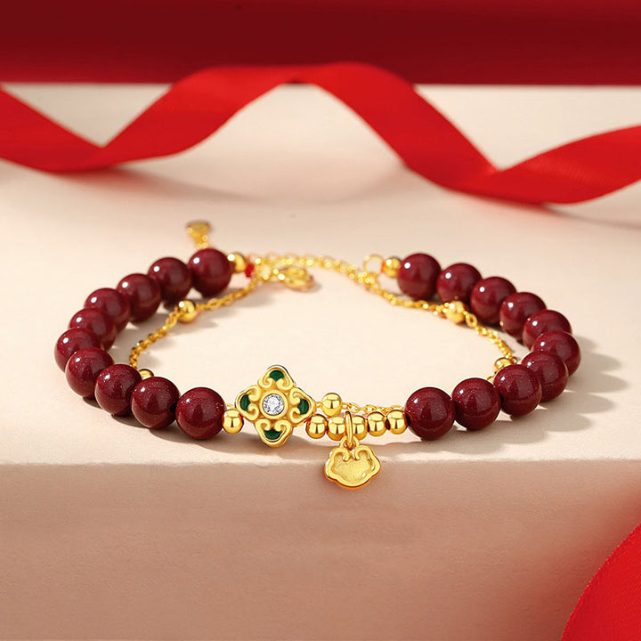 Pulsera de cadena de bendición de flores de trébol de cuatro hojas de cinabrio natural de plata de ley 925 con Buddha Stones