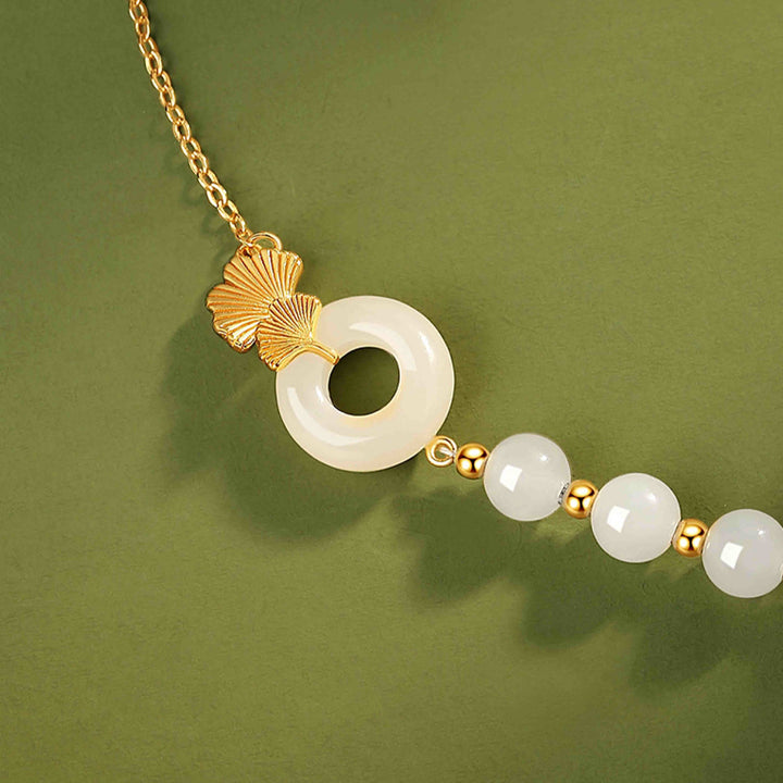 Pulsera de la suerte con Buddha Stones, plata de ley 925, jade blanco hetiano, hebilla de la paz, hoja de Ginkgo - image 4