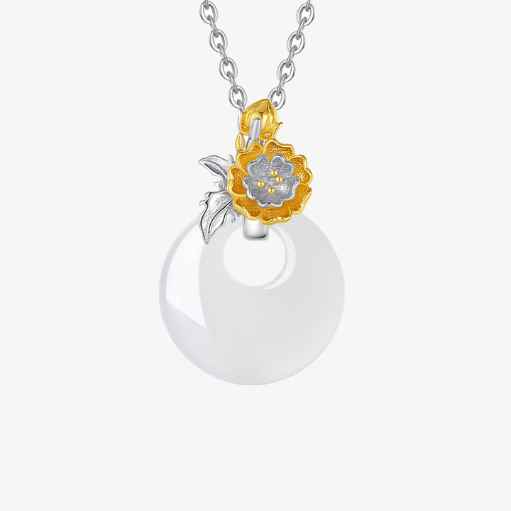 Colgante de collar de armonía de flores de doce meses de calcedonia redonda de plata de ley 925 con Buddha Stones