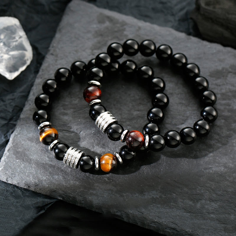 Pulsera de cumplimiento de fuerza de ojo de tigre de obsidiana negra natural con Buddha Stones