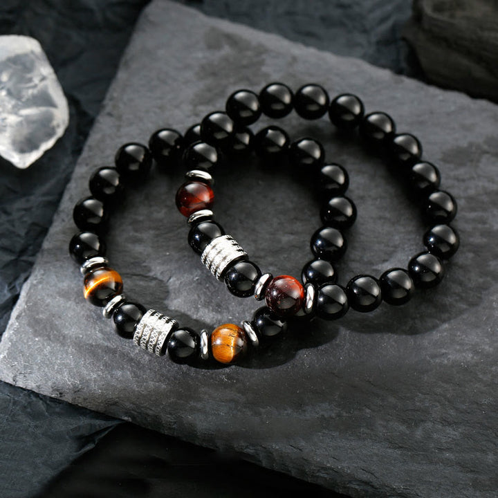 Pulsera de cumplimiento de fuerza de ojo de tigre de obsidiana negra natural con Buddha Stones