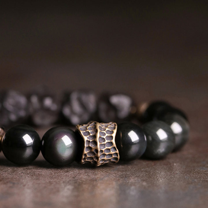 Pulsera de pareja de fuerza de cobre de madera de ébano de obsidiana negra con Buddha Stones