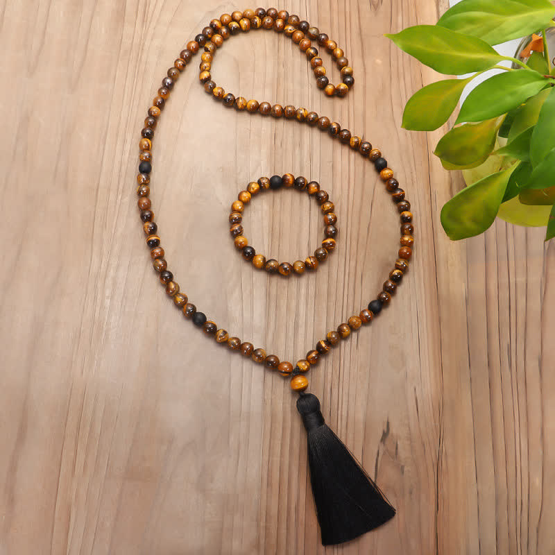 Pulsera de borlas con protección de ojo de tigre Mala de 108 Buddha Stones