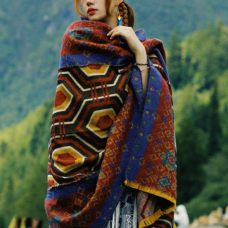 Mantón tibetano de Buddha Stones, patrón de formas geométricas, marrón, azul y rojo, bufanda de viaje acogedora para invierno