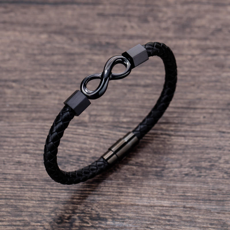 Pulsera de equilibrio de tejido de cuero infinito de acero titanio con nudo sin fin de Buddha Stones