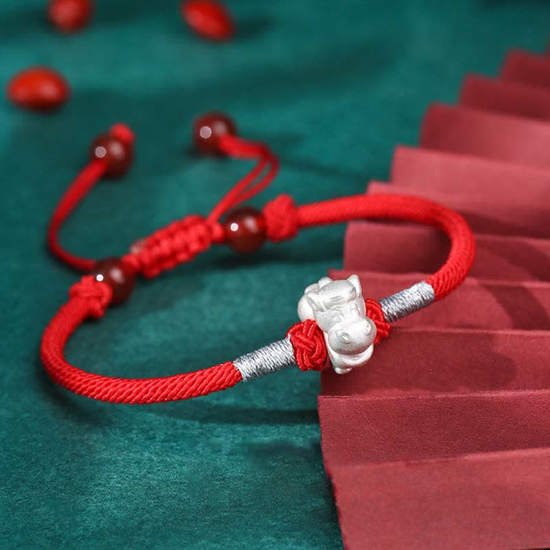 Pulsera de hilo rojo de la fuerza de la suerte del zodíaco chino de plata de ley 999 con Buddha Stones