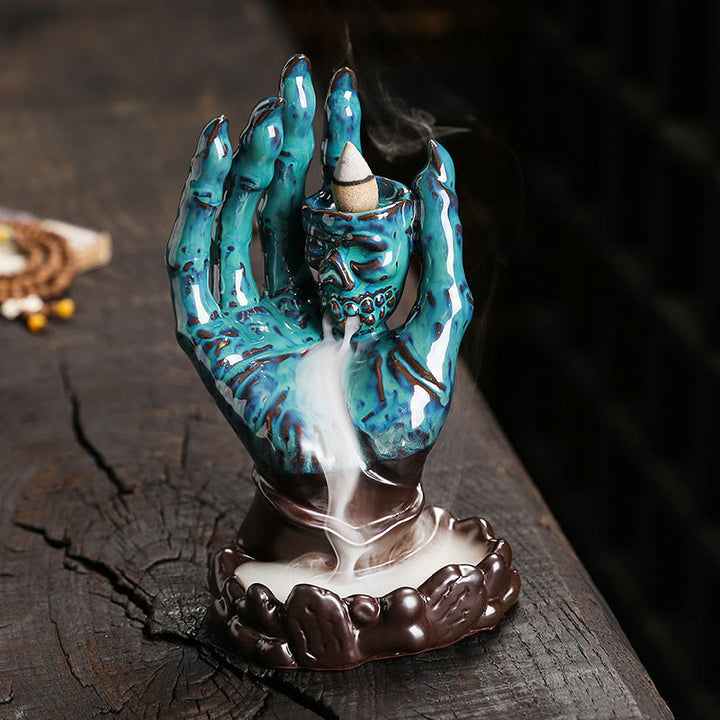 Quemador de incienso curativo de cerámica con cabeza de calavera y mano fantasma de Halloween , Buddha Stones, decoración