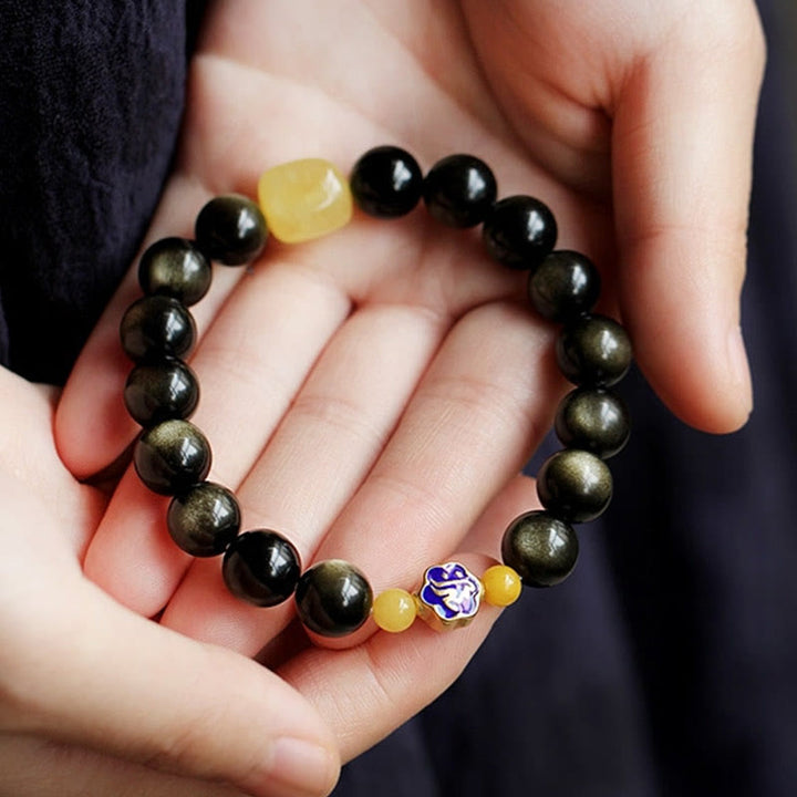 Pulsera de protección de la riqueza, Plata de Ley 925 con Buddha Stones , zodíaco chino, Buda natal, brillo de oro Natural, obsidiana, ámbar