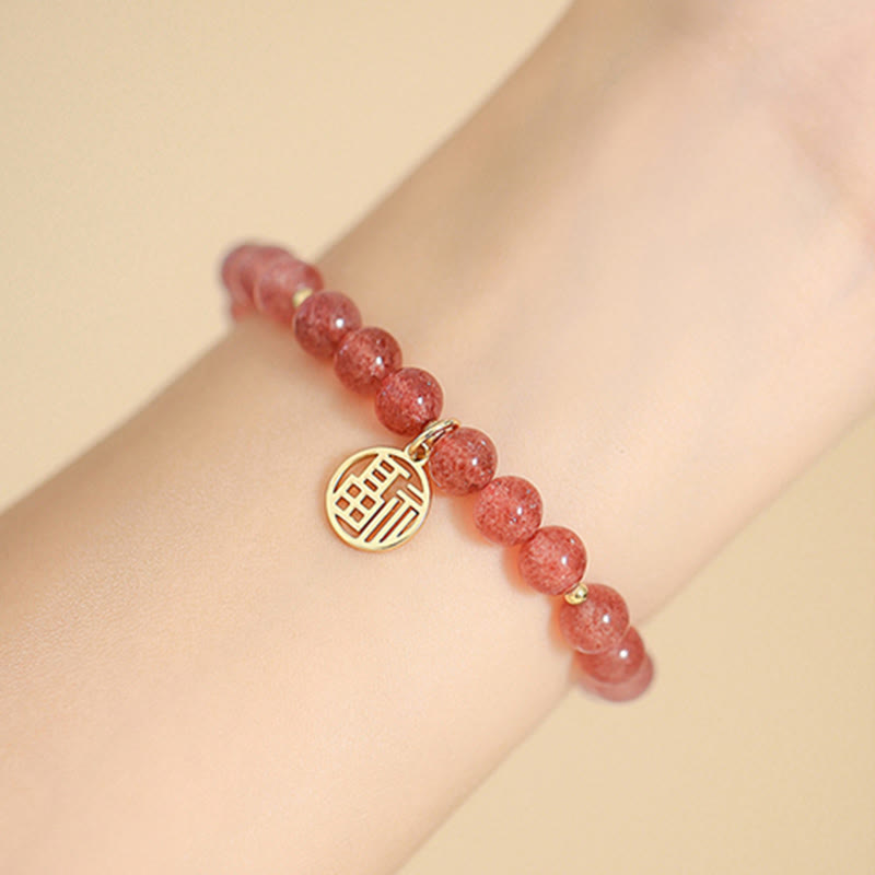 Pulsera con dije curativo de personaje Fu de cuarzo fresa chapado en oro de 14 quilates con Buddha Stones