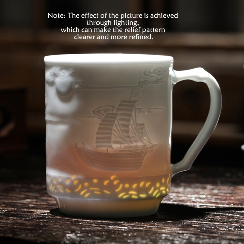 Buddha Stones Jingdezhen Linglong porcelana auspiciosa dragón Fénix barco navegación suave taza de té de cerámica tazas de té de oficina 420ml