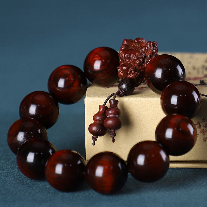 Pulsera de protección con Buddha Stones, palisandro, sándalo verde, hoja pequeña de sándalo rojo y dragón tallado
