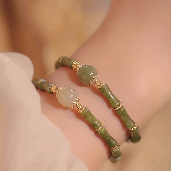 Pulsera de la suerte con patrón de bambú de jade hetiano, peridoto chapado en cobre de 14 quilates con Buddha Stones