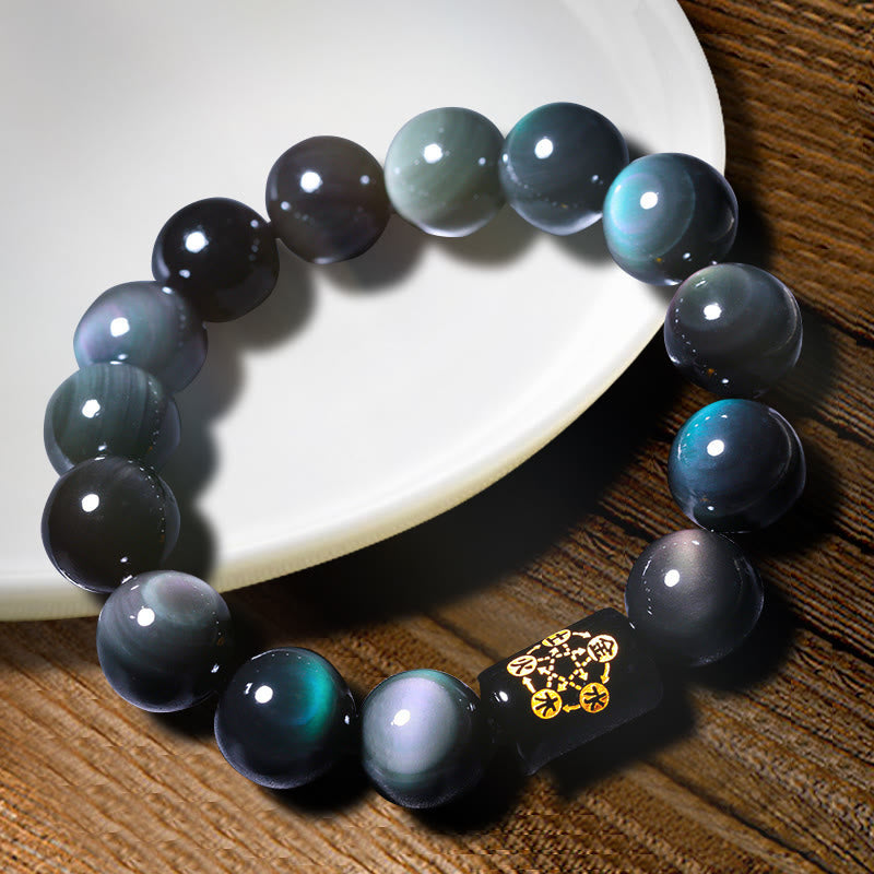 Pulsera de transformación positiva de obsidiana arcoíris natural con Buddha Stones