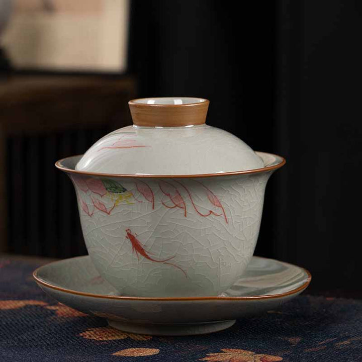 Buddha Stones, loto, pez Koi, hoja de vaina, taza de té de cerámica Gaiwan Sancai, taza de té de Kung Fu y platillo con tapa, 140ml