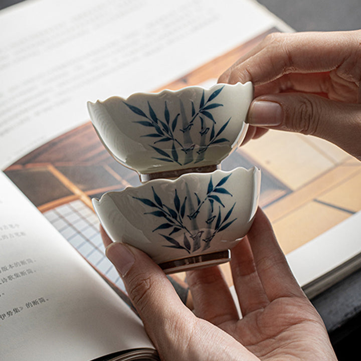 Taza de té de cerámica con hojas de bambú azules pequeñas, Buddha Stones, tazón de té de Kung Fu