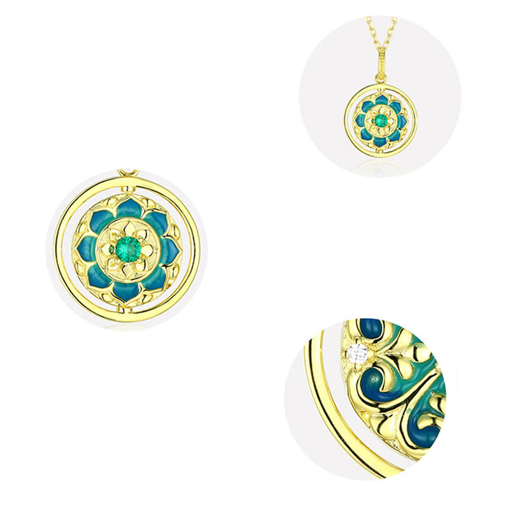 Colgante de collar giratorio con iluminación de circonita floral con flor de loto de Plata de Ley 925 con Buddha Stones - image 6