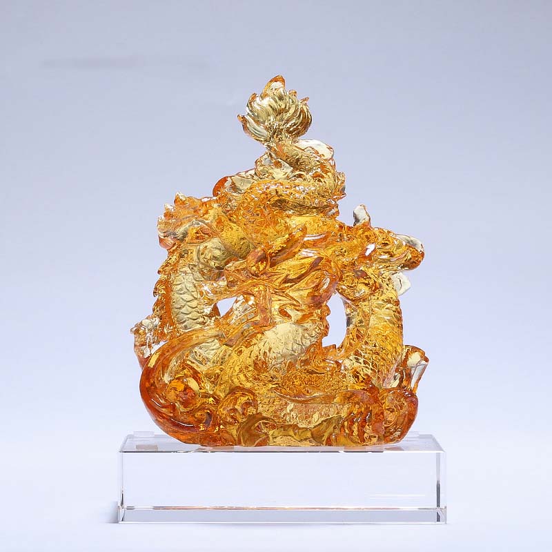 Buddha Stones Año del Dragón hecho a mano Liuli pieza de arte con cristal protección decoración de la Oficina del hogar con Base