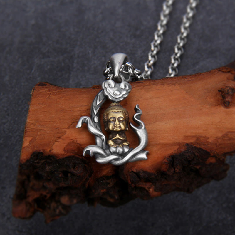Collar con colgante de plata de ley 925 con diseño de Buda Zen y Ruyi con Buddha Stones - image 2