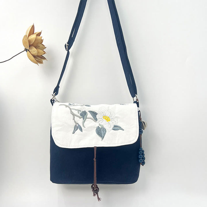 Buddha Stones Camelia bordada Epiphyllum Gardenia Sakura Flores Bolso bandolera Bolso de hombro Bolso para teléfono móvil