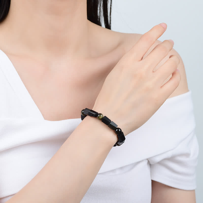 Pulsera de riqueza de turmalina negra obsidiana con brillo dorado de Buddha Stones