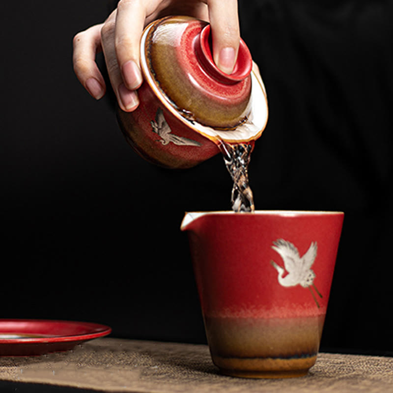 Taza de té y platillo con tapa, Gaiwan Sancai de cerámica con grulla roja, Buddha Stones, Kung Fu