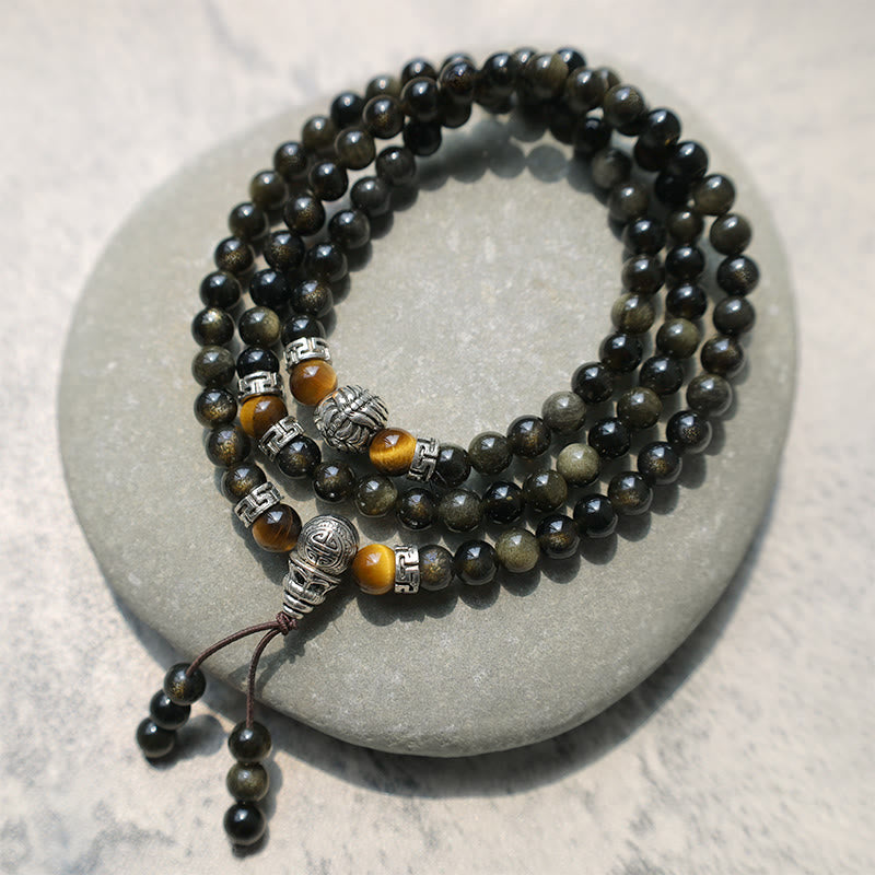 Collar Pulsera Energía Obsidiana Dorada